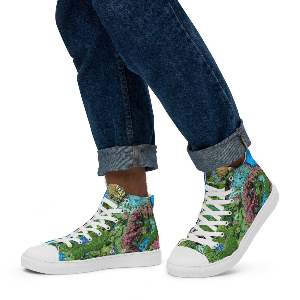 High top canvas shoes with the Taur'Syldor regional map print, shown worn with rolled up jeans.