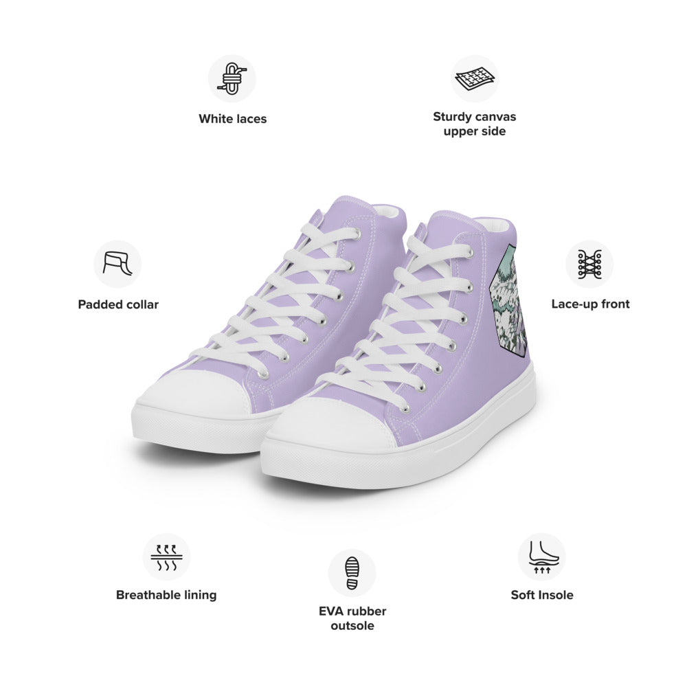 Lavender high top shoes with the Winters Edge hex map by Deven Rue on the heel, shown with features listed in the description.