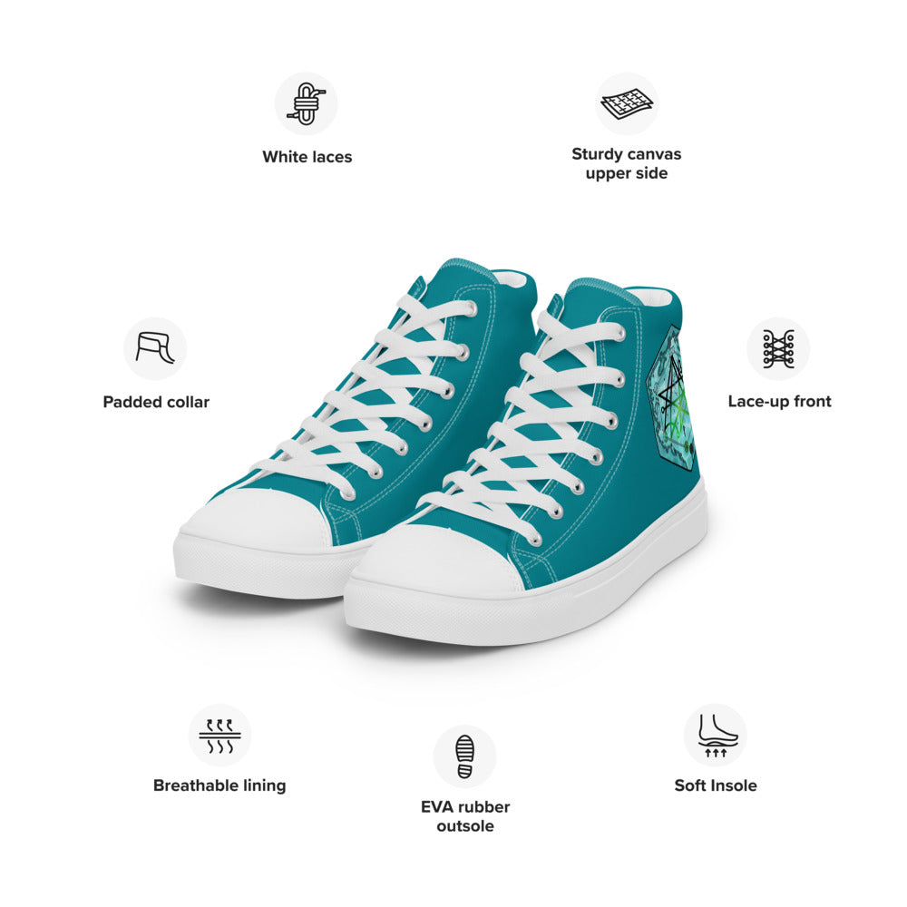 Teal high top shoes with the Discovering the Gate underwater hex map by Deven Rue on the heel is surrounded by features listed in the description.