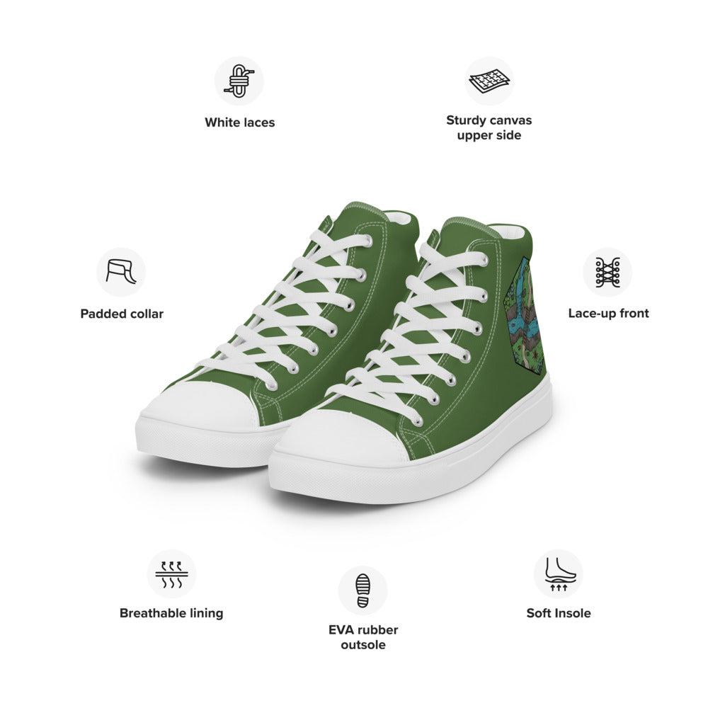 Green high top shoes with the Perilous Crossing hex map illustration by Deven Rue on the heel, surrounded by features listed in the description.