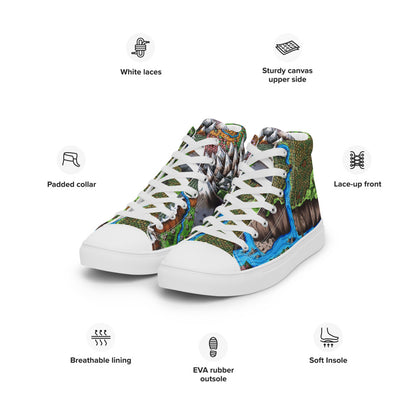 High top canvas shoes with the Augrudeen regional map print, shown with the shoe features as listed in the description.