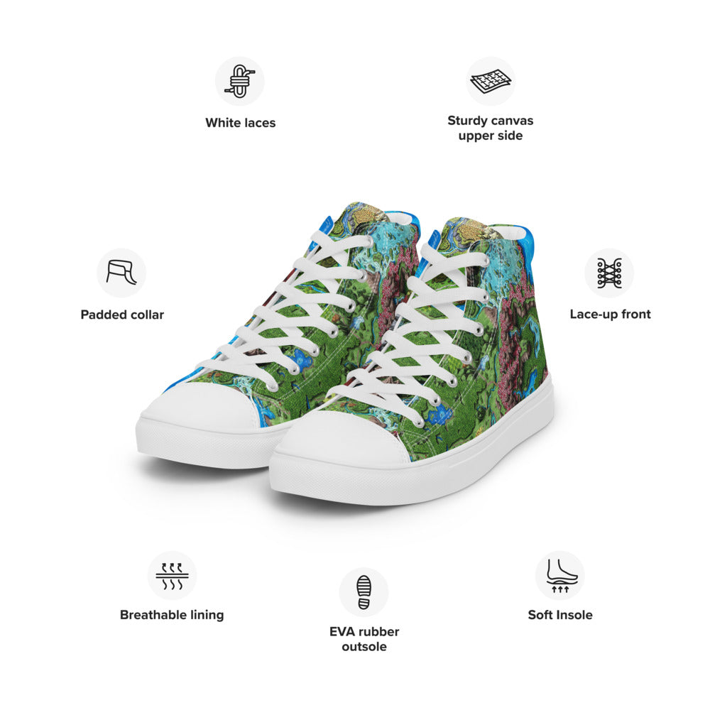 High top canvas shoes with the Taur'Syldor regional map print, shown with features as listed in the description.