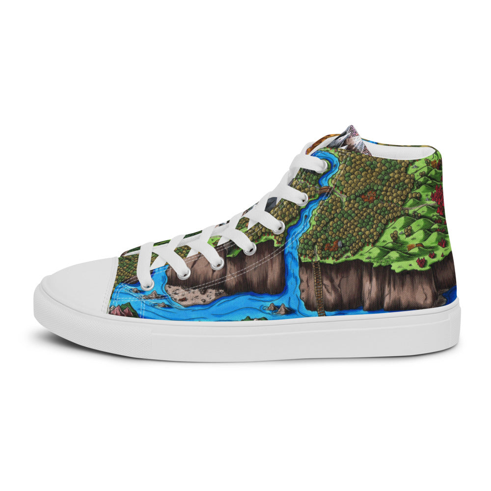 High top canvas shoes with the Augrudeen regional map print, side view.