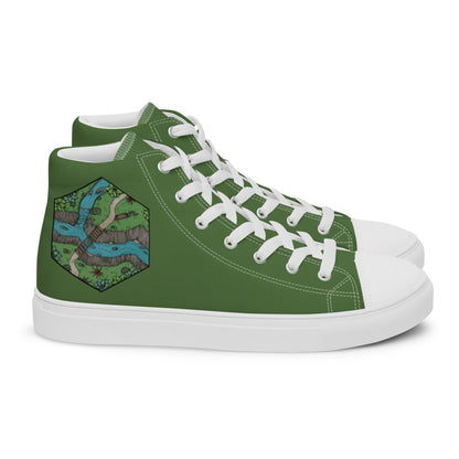 Green high top shoes with the Perilous Crossing hex map illustration by Deven Rue on the heel.