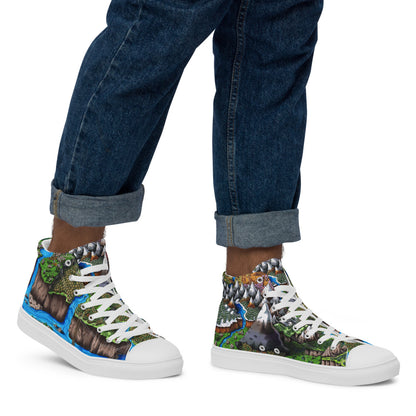 High top canvas shoes with the Augrudeen regional map print, shown worn by a model with rolled up jeans.