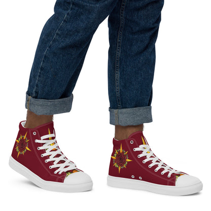 A model wears the Druid Compass Rose high top shoes, side view.
