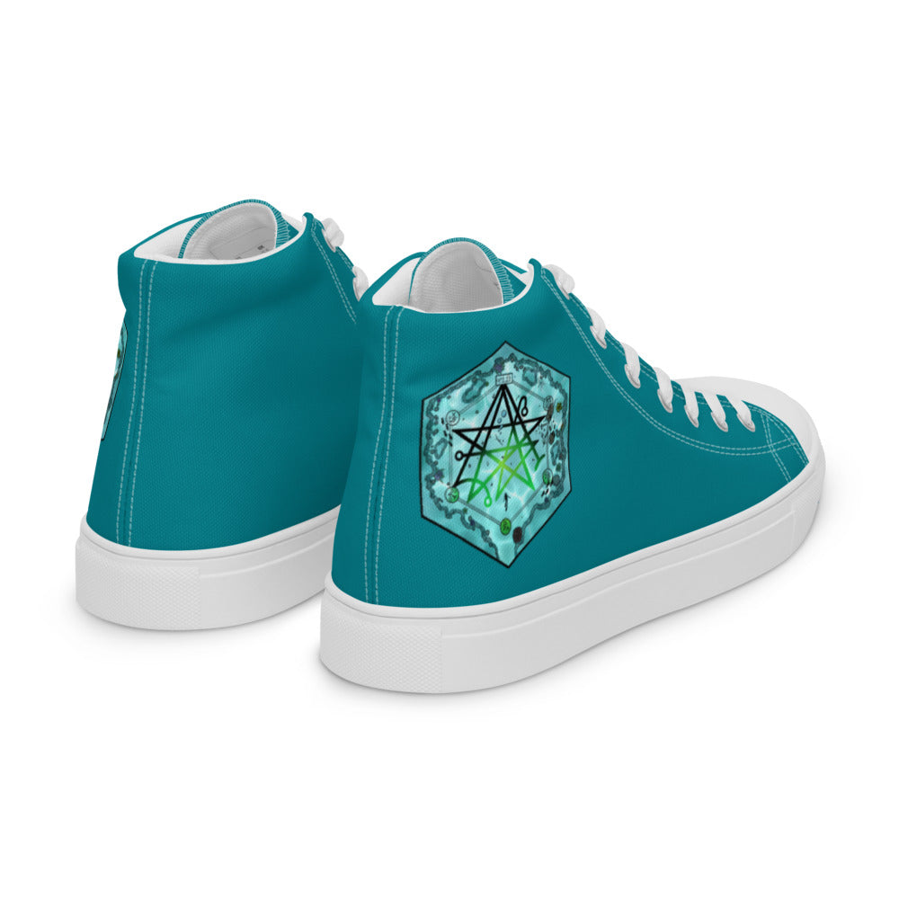 Teal high top shoes with the Discovering the Gate underwater hex map by Deven Rue on the heel.