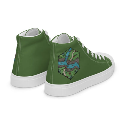 Green high top shoes with the Perilous Crossing hex map illustration by Deven Rue on the heel.