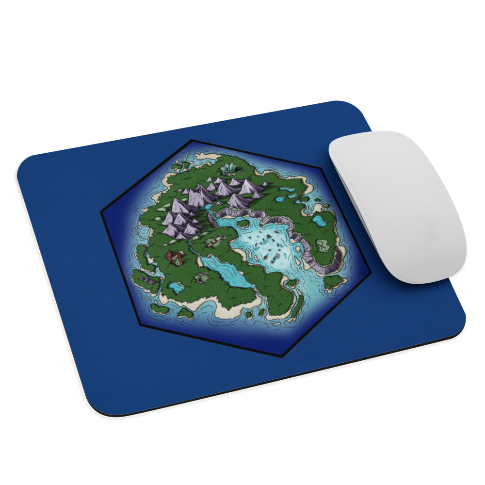 A blue mousepad with the Skycaller Islands hex map illustration and a mouse for scale.