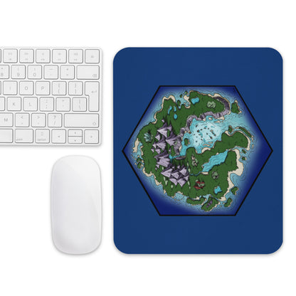 The Skycaller Islands mousepad with a mouse and keyboard for scale.