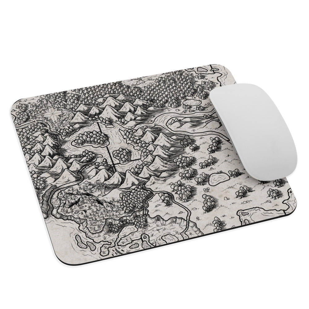 The black and white Unexpected regional map made into a mousepad with a mouse for scale.