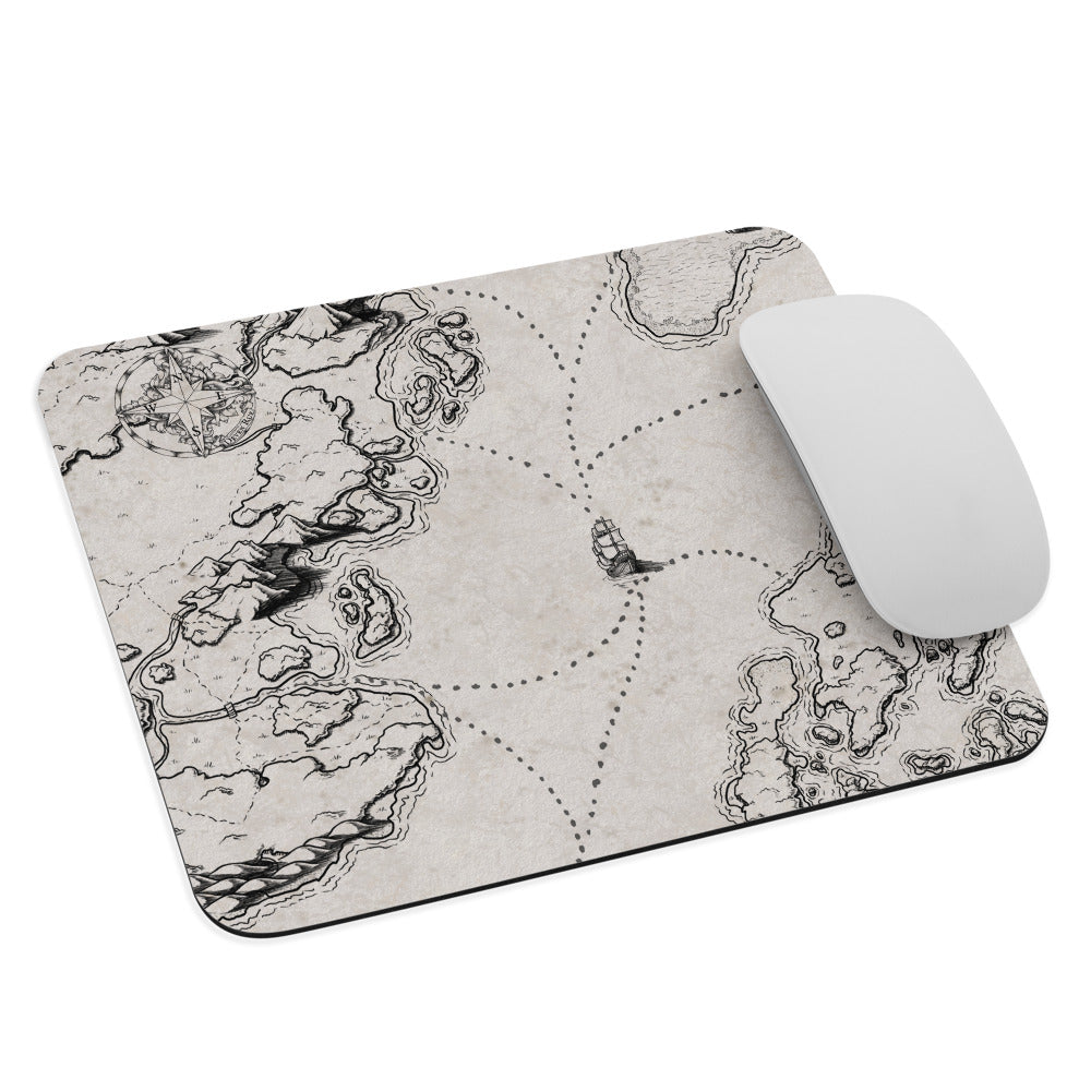 The black and white Sailing into the Unknown map made into a mousepad with a mouse for scale.