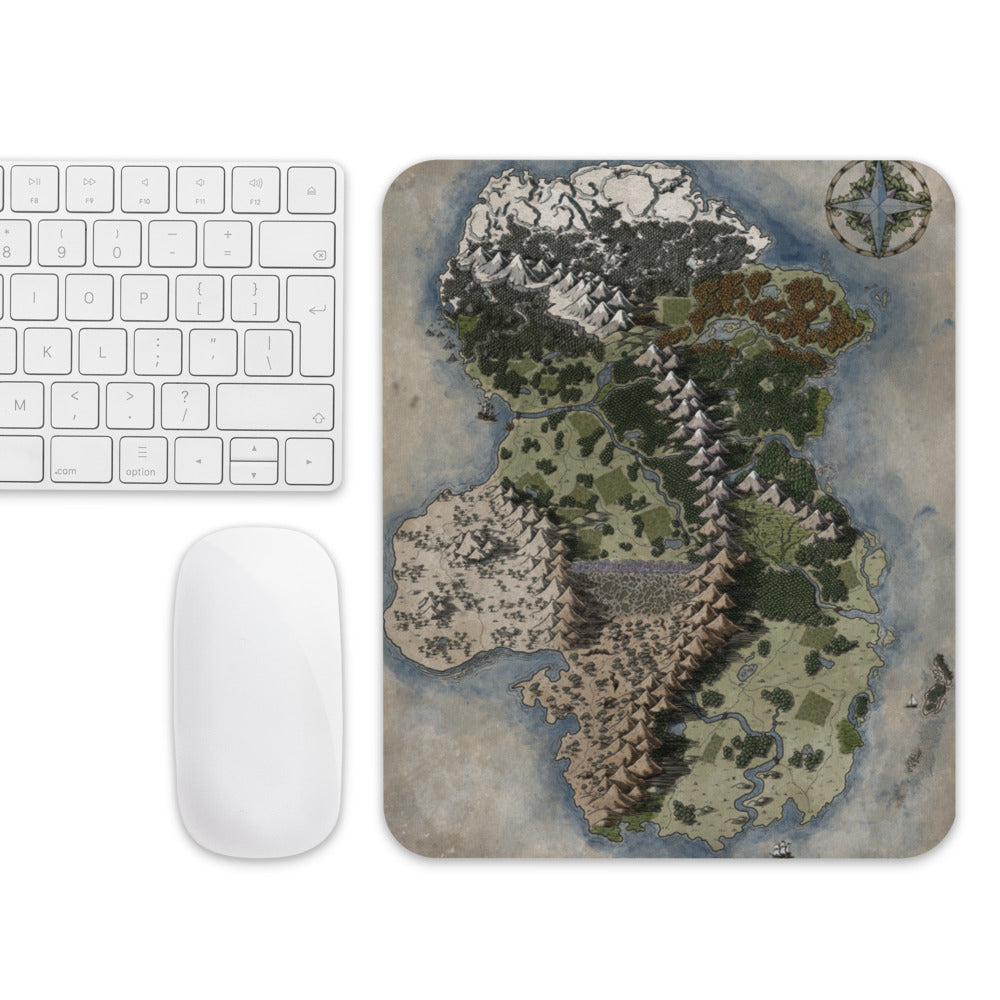 A mousepad with the colorized regional Vendrasmap by Deven Rue, next to a mouse and keyboard for scale.