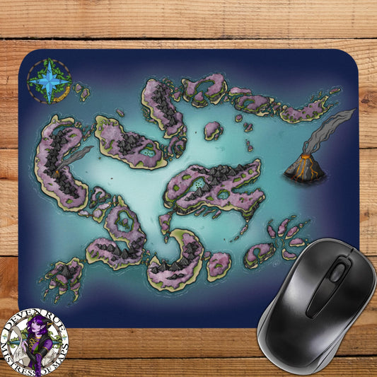 A mousepad with the colored Dragon Isle map by Deven Rue sits with a computer mouse.