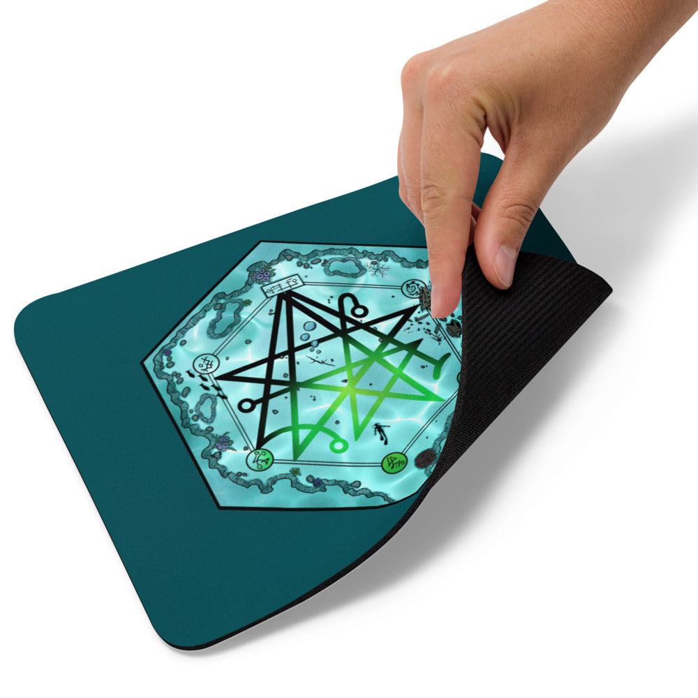 A hand lifts the corner of the Discovering the Gate mousepad.