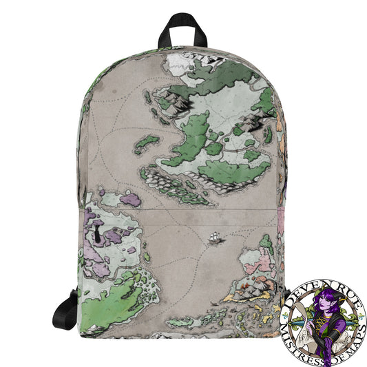 A backpack with the Ortheiad map by Deven Rue printed on it.