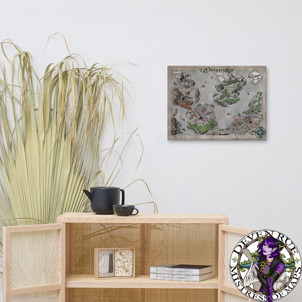 A 18" by 24" canvas print of the Ortheiad map by Deven Rue with name labels is hung on a wall behind a book shelf.