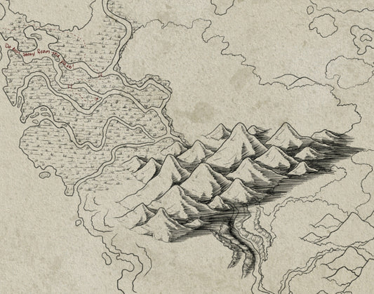 An illustration of a rough map with a note "Do not stray from the path" in the top left corner.