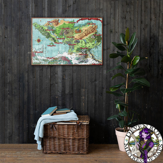 The Queen's Treasure map by Deven Rue is printed on a canvas and hung above a basket with a plant next to it.