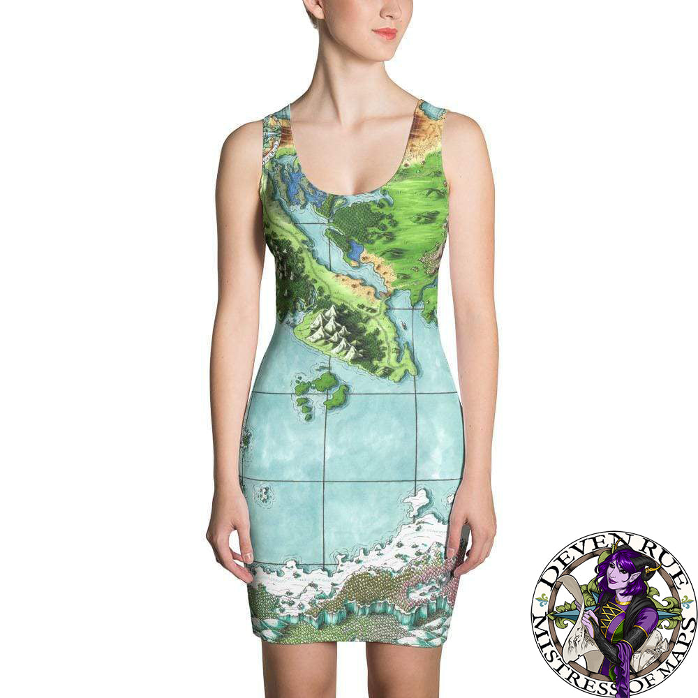 A model wears a fitted tank top dress with the Queen's Treasure map by Deven Rue.