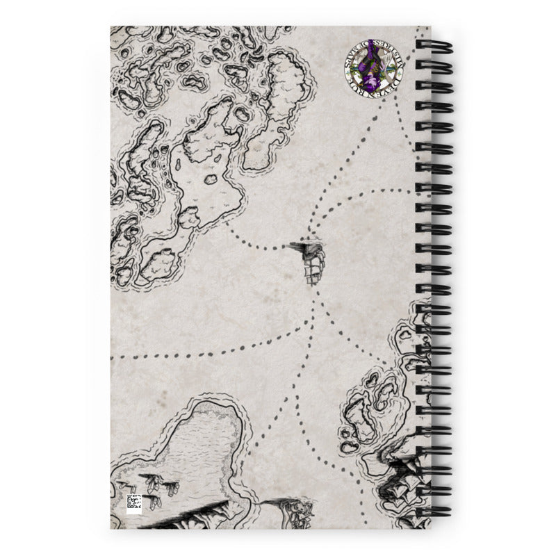 The back of the Sailing Into The Unknown notebook to show the map flipped for left hand use.