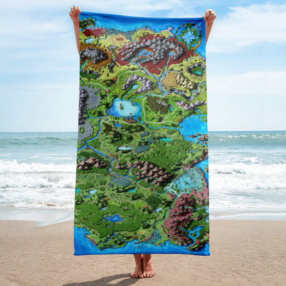 A model holds a towel with the Taur'Syldor map by Deven Rue at the beach.