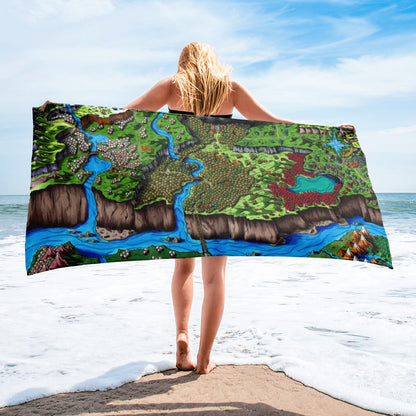 A model holds a towel with the Steppes of Augrudeen map by Deven Rue at the beach.