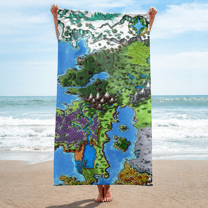 A model holds a towel with the Starfall map by Deven Rue at the beach.