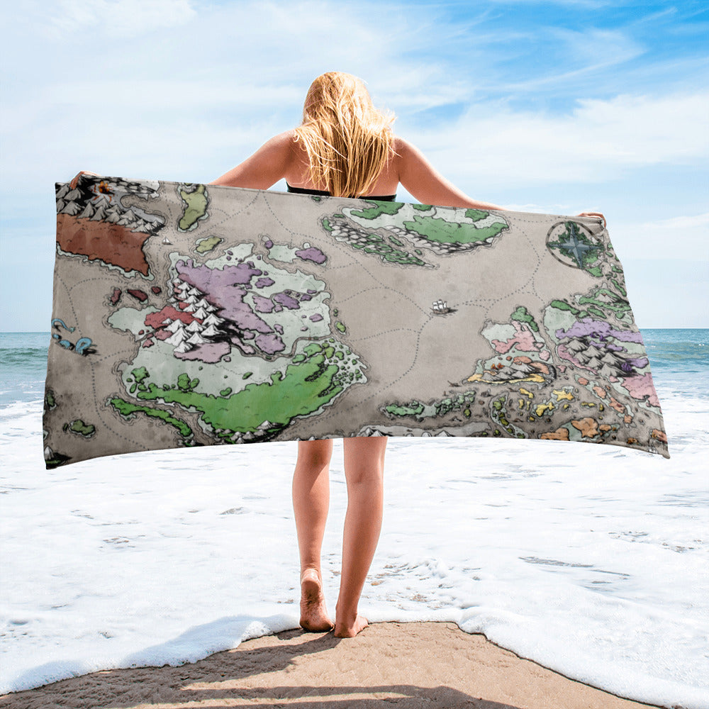 A model holds a towel with the Ortheiad map by Deven Rue.
