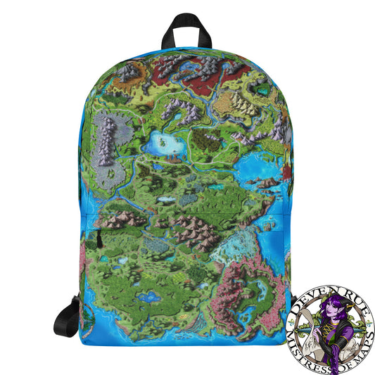 A backpack with the Taur'Syldor map by Deven Rue printed on it.