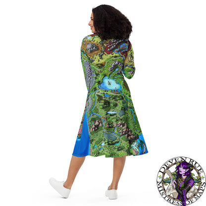 Back view: A model wears the Taur'Syldor map on a long sleeve midi dress with a pair of white tennis shoes.