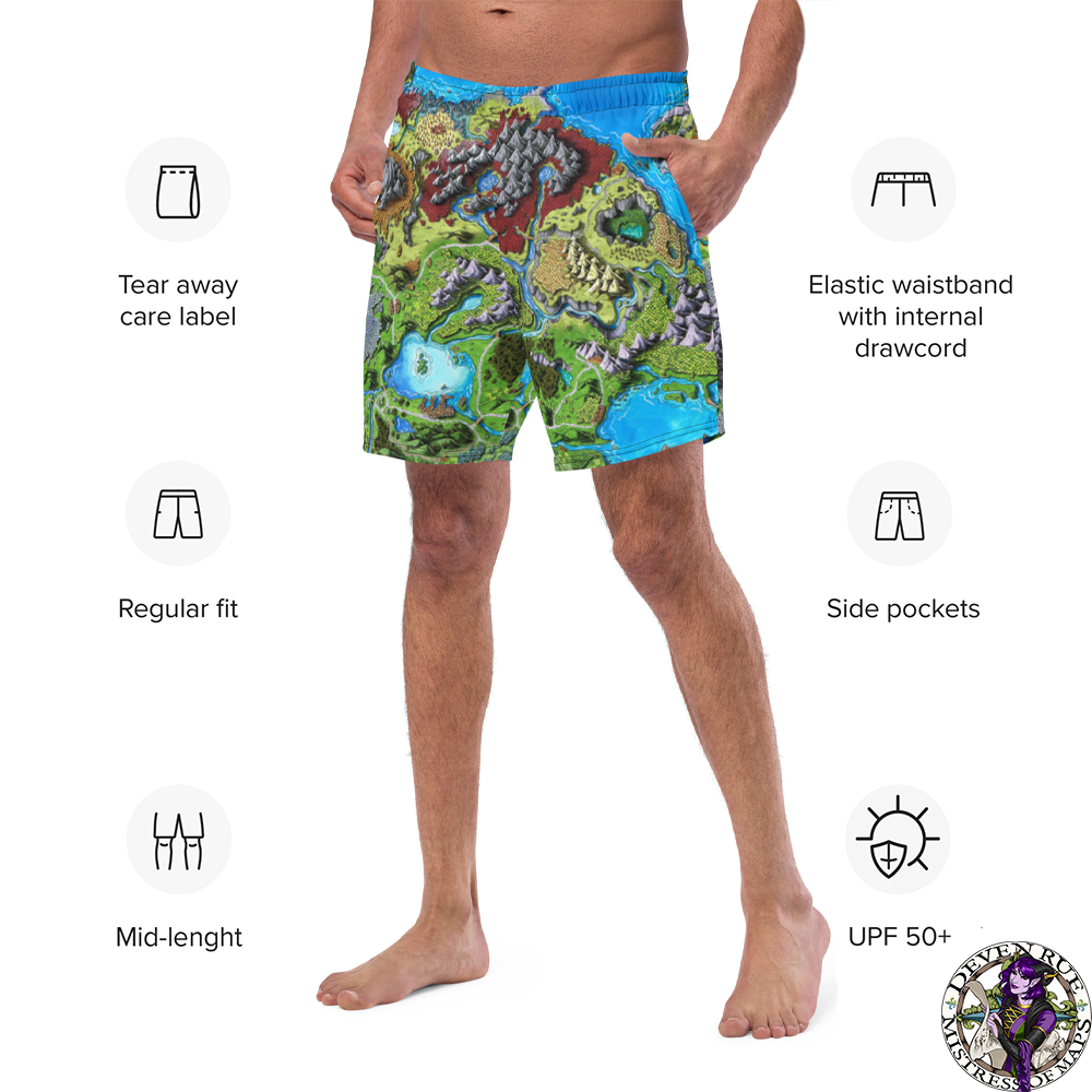 A model wears the Taur'Syldor swim trunks and is surrounded by product specifications.