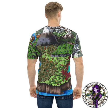 Back view: A different model wears an all over print t-shirt with the Steppes of Augrudeen map by Deven Rue on it.