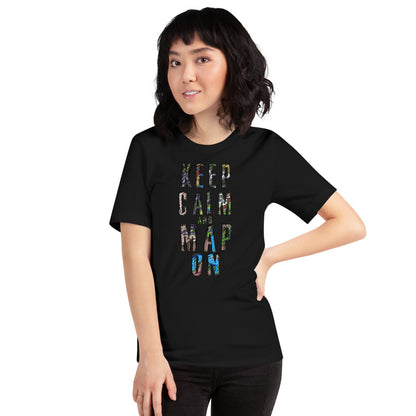 A model wears a black shirt that says "Keep calm and map on" with bits of map visible on the writing.