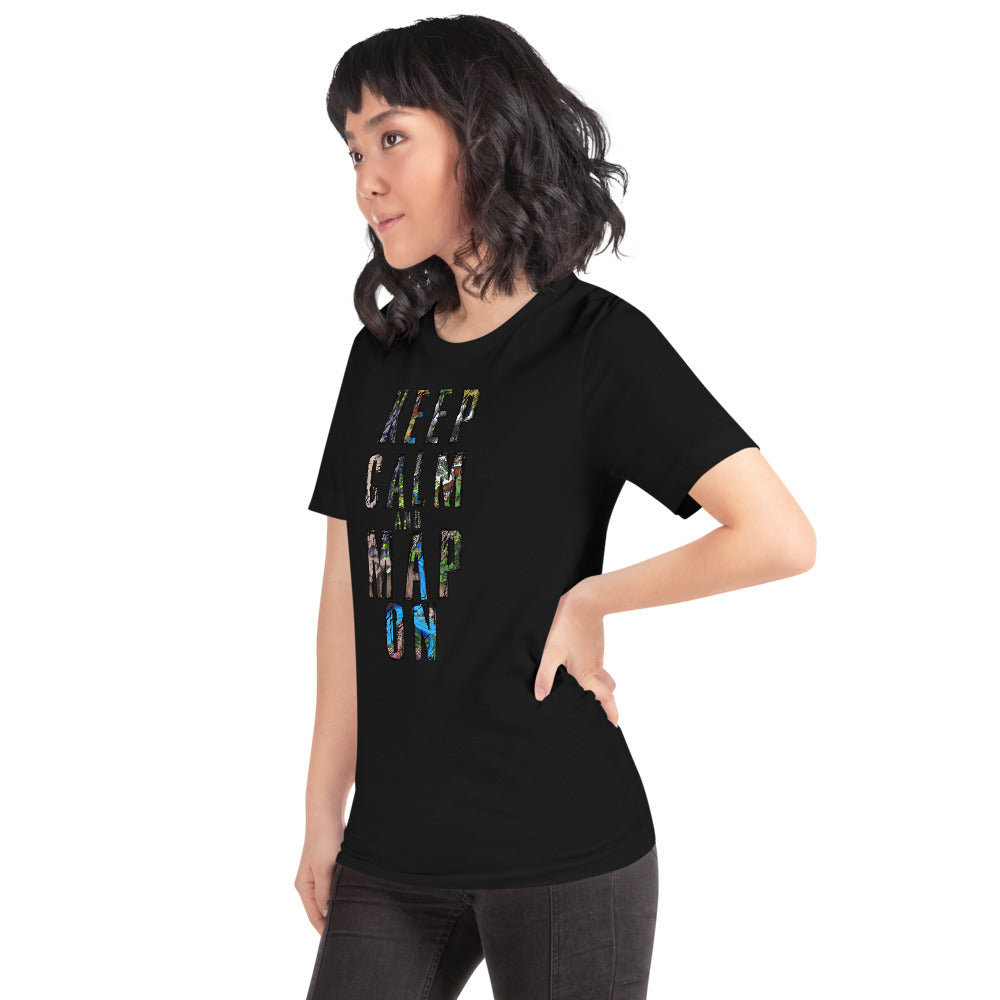 Side view: A model wears the Keep Calm and Map On shirt in black.