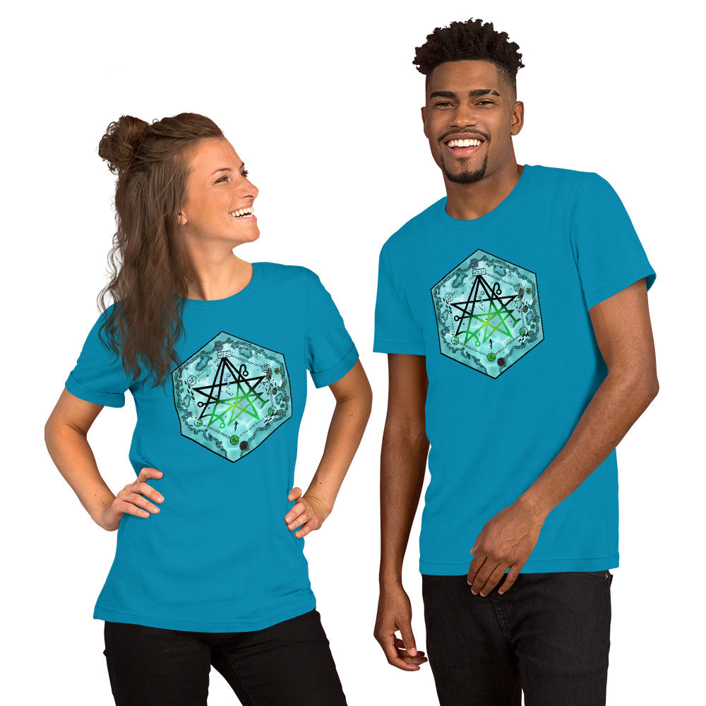 Models wear the aqua Discovering the Gate tshirts.