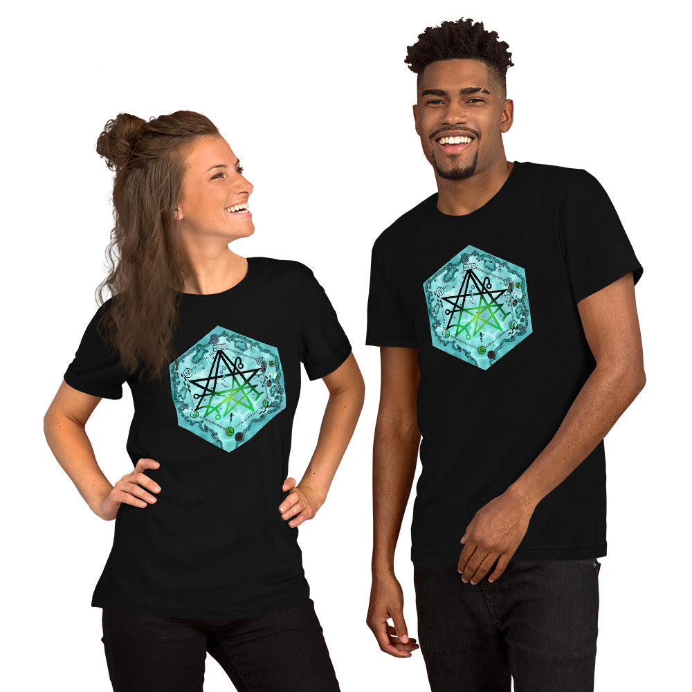 A pair of models wear the Discovering the Gate hex map on a black tshirt.