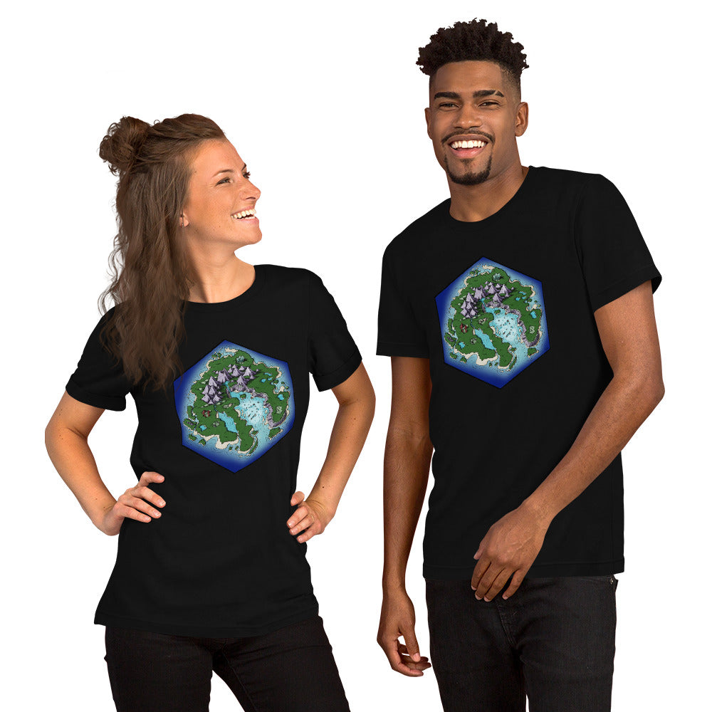 A pair of models wears the black Skycaller Island tshirt.