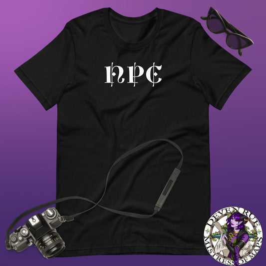 A black tshirt with stylized NPC lettering across the chest, sitting with sunglasses and a camera.