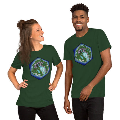 A pair of models wear the green version of the Skycvaller Island Tshirt.