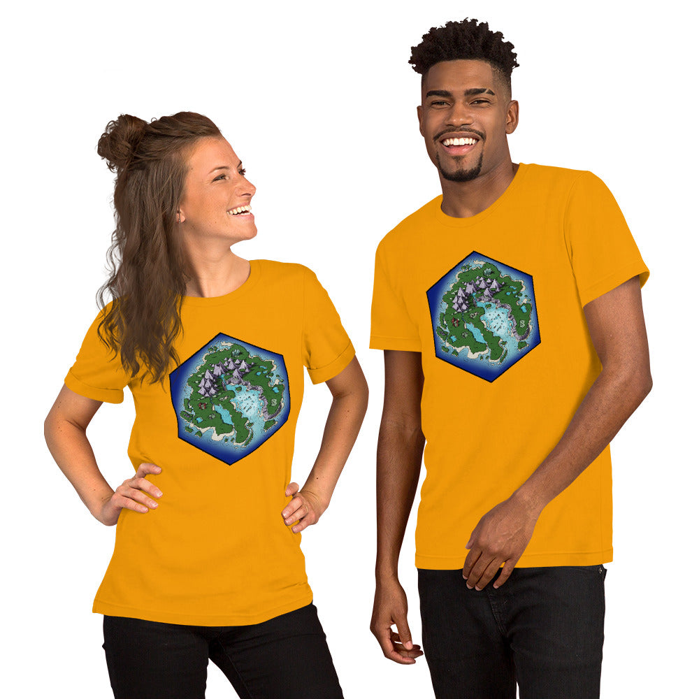 A pair of models wear the gold version of the Skycaller Island tshirt.