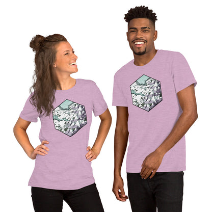 A hexagonal illustration of a snowy mountainous landscape on a lavender shirt modeled by a couple of people.