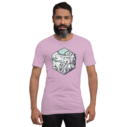 A bearded model wears the lilac Winter's Edge shirt.