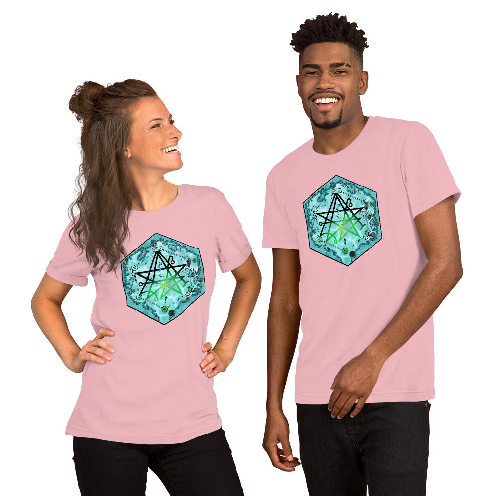 Models wear the pink Discovering the Gates shirts.