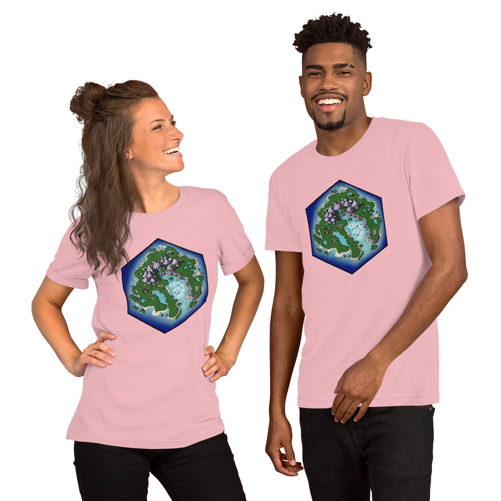 A pair of models wear the pink Skycaller Island tshirt.