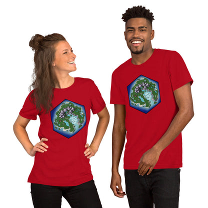 A pair of models wear the red version of the Skycaller Island tshirt.