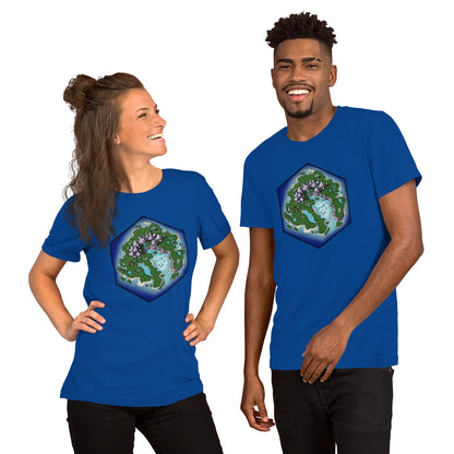 A pair of models wear the Skycaller Island Tshirt.