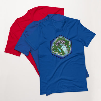 Variants of the Skycaller Island Tshirt fanned out.