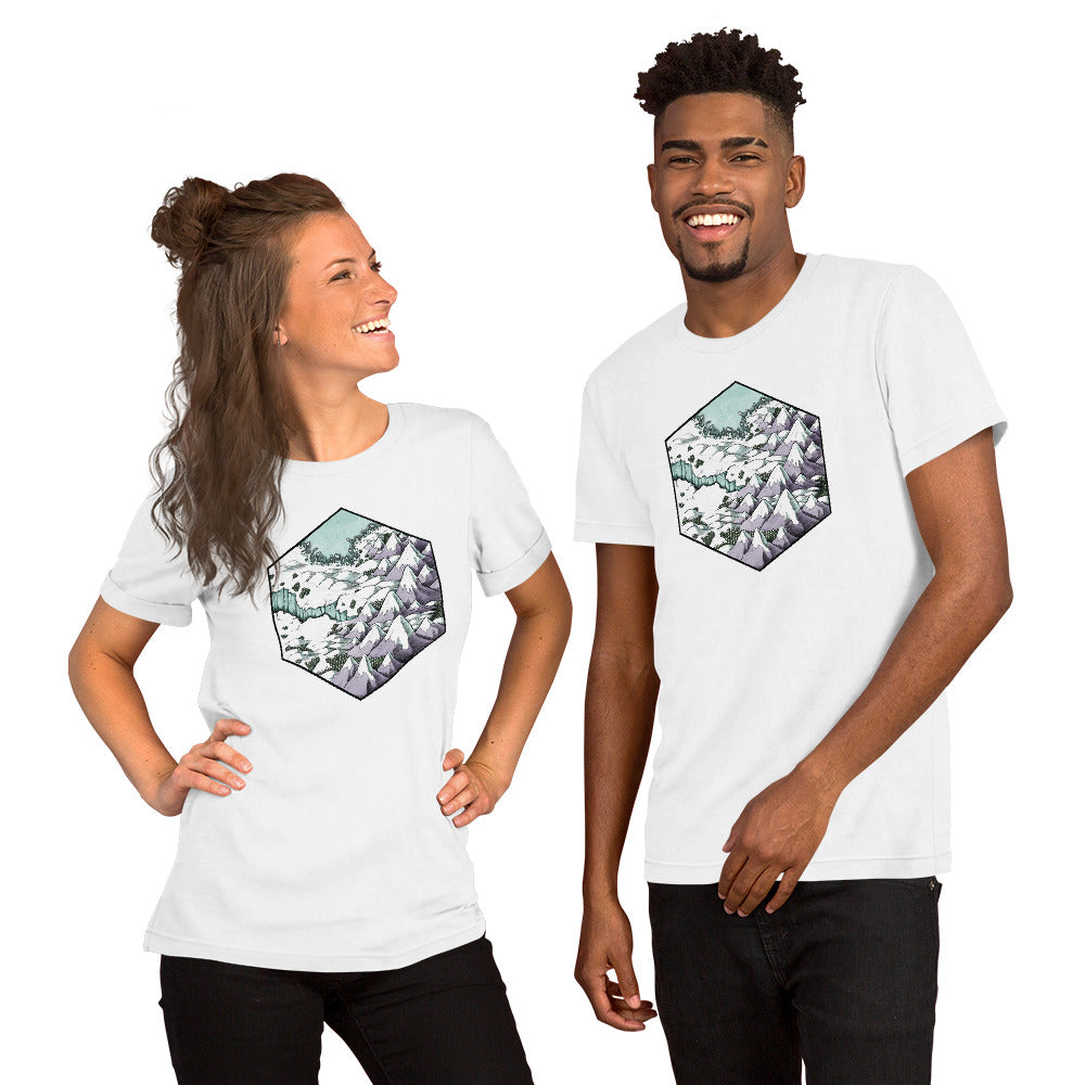The same models wear the white version of the Winter's Edge shirt.