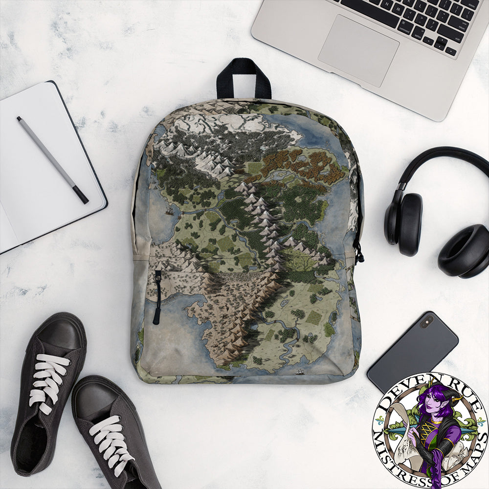 A backpack with the Vendras map by Deven Rue printed on it sits surrounded by study equipment.